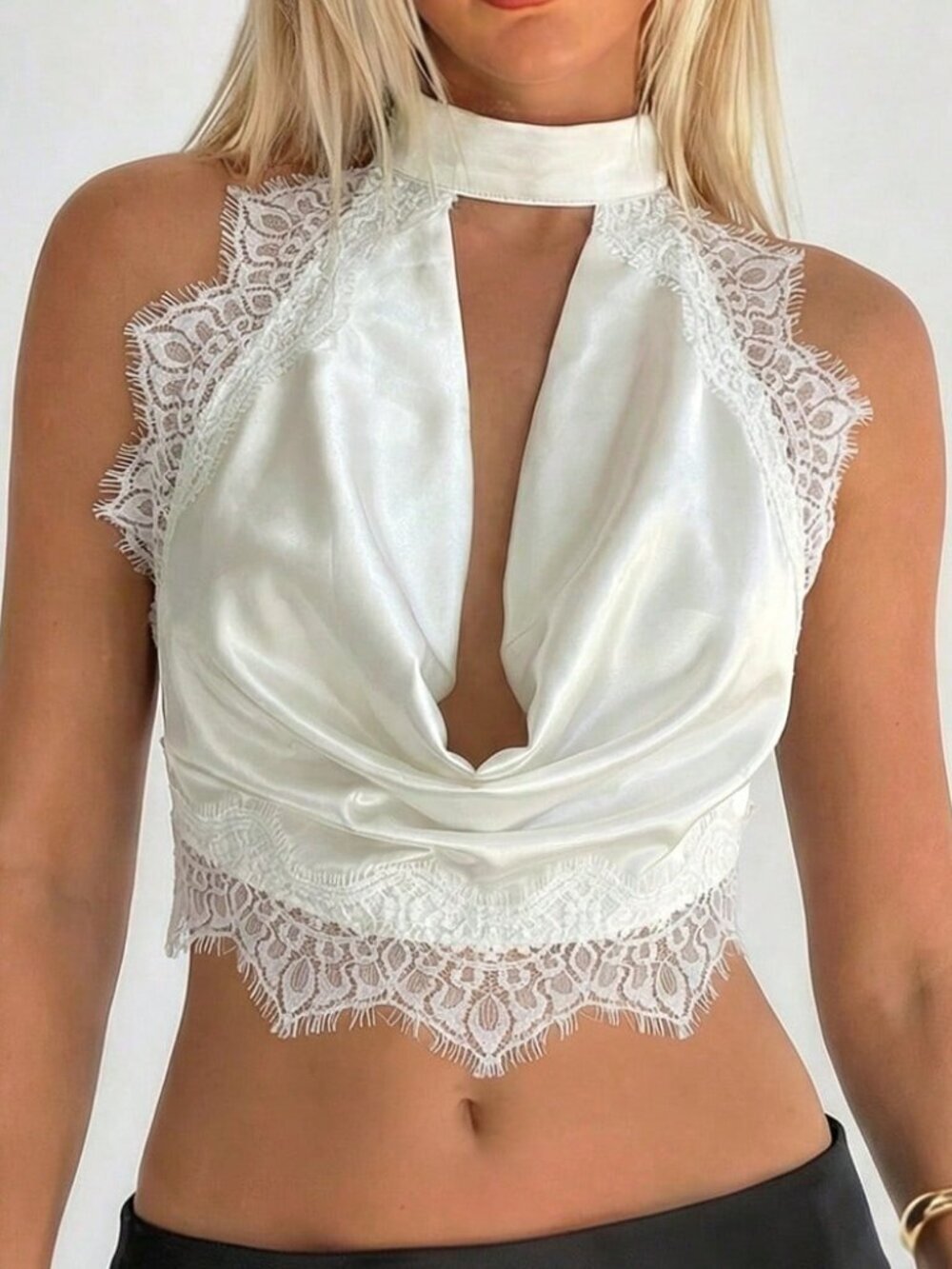 White Elegant Women's Romantic Deep V-Neck Backless Halter Lace-Trimmed Camisole - Picture 5 of 6